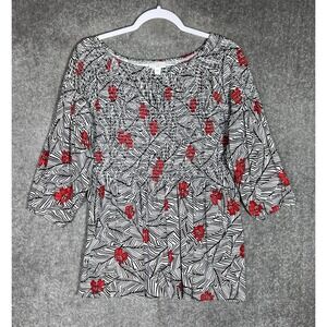 J Jill Top Womens Sz Large Red Black Hawaiian Floral Smocked Stretch‎ 3/4 Sleeve